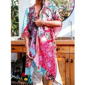 Boho Floral Patchwork Kimono Mint Red Boho Mint Red Wrap Casual Festivals 1 Size